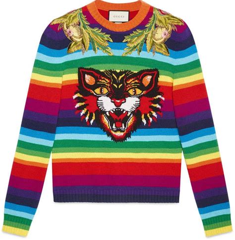 gucci men's striped wool intarsia sweater with appliqués|GUCCI Logo.